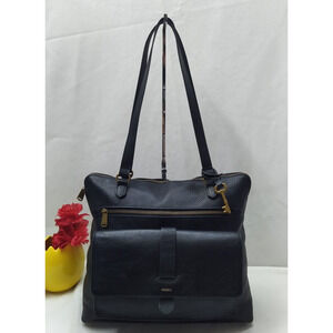 Fossil Black Pebbled Leather Front Pocket Zipper Closure Satchel Shoulder Bag